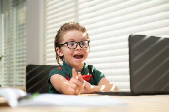 Smart School Pupil Kid Virtual Distance Learning Online, Watching Remote Digital Class Lesson, Looking At Laptop Computer Studying At Home.