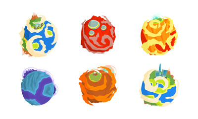 Fantastic Planets with Alien Life on it Vector Set