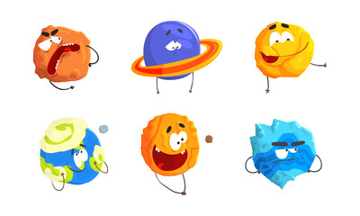 Comic Humanized Planets with Arms and Face with Different Emotions Vector Set