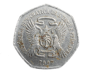 Saint Thomas island two thousand dobras coin on white isolated background