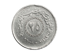 Egypt twenty five piastres coin on white isolated background