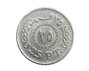 Egypt twenty five piastres coin on white isolated background