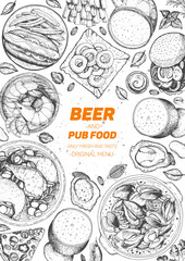 Pub food frame vector illustration. Beer, meat, mussels, fast food and snacks hand drawn. Food set for pub design top view. Vintage engraved illustration for beer restaurant.
