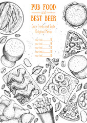 Pub food frame vector illustration. Beer, meat, pizza, fast food and snacks hand drawn. Food set for pub design top view. Vintage engraved illustration for beer restaurant for beer restaurant.