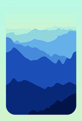 Flat illustration in blue tones. Vector image of a mountain theme, ocean, waves, peaks. Minimalistic style. Design for cards, posters, backgrounds, textiles, templates, menus, banners.