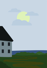 Naklejka premium Vector flat illustration of a house in a meadow with bushes. The image is in the style of minimalism, in calm colors with a cloudy sky. Design for cards, posters, backgrounds, textiles, templates.
