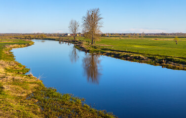 Early spring panoramic view of Narew river valley wetlands and nature reserve seen from Strekowa Gora village near Wizna in Podlaskie voivodship in Poland