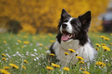 Adorable Border Collie Lies Down in Yellow Dandelion during Spring. Happy Black and White Dog in Meadow full of Flowers.