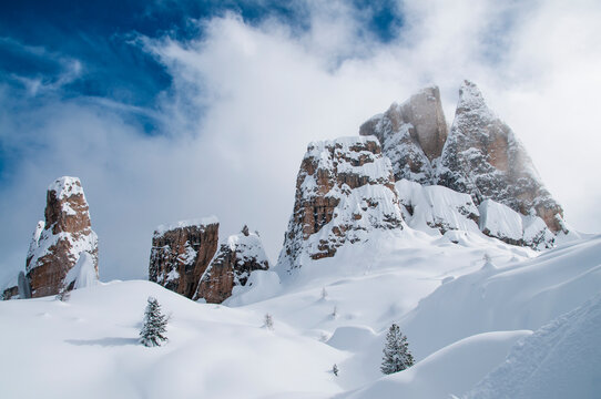 The five towers that make the name of Cinqui Torri ski resort in Cortina, in the Italian Dolomites