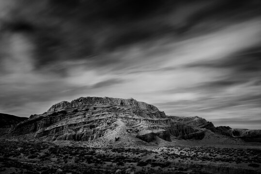 Black and white rendition of spring skies in Red Rock Canyon State Park, CA