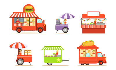 Street Cart and Booth with Man and Woman at Market Stall Selling Snacks and Drinks Vector Set