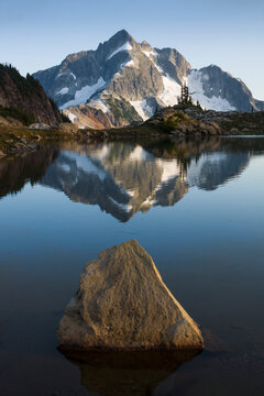 Whatcom Peak reflected in Tapto Lakes, North Cascades National Park, Washington.