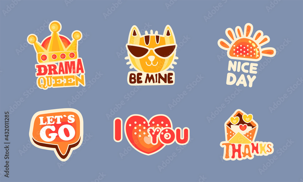 Poster patch and stickers with crown, cat muzzle and envelope with hearts vector set