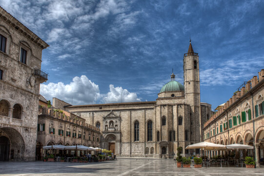 The main piazza and church in Ascoli Picena, Italy.