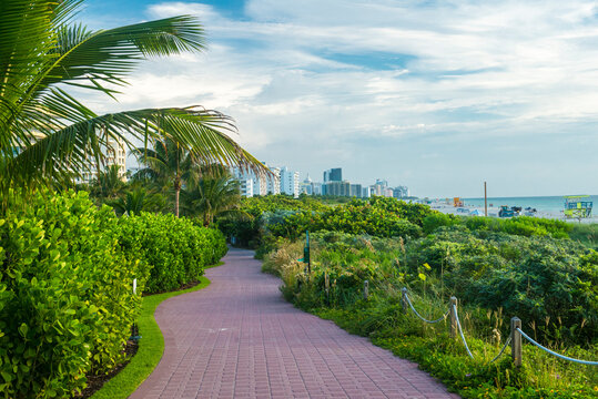 South Beach Miami: A trail at the end of south pointe park with south beach hotels in the distance