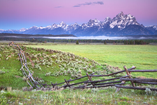 Scenic landscape image of first light at Snake River Meadows, Triangle X Ranch, Grand Teton National Park, Wyoming.