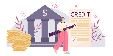 Concept, take out credit, sign contract. A man signs contract with large pen, next to stack of coins and bank symbol. Vector illustration in flat style. Issuing credit money