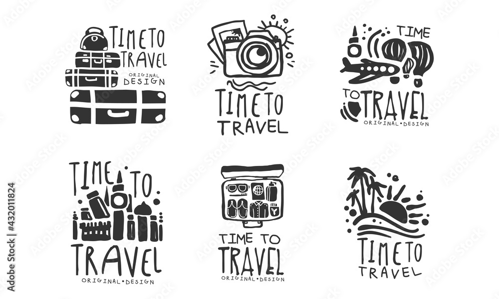 Poster time to travel original design with packed suitcase vector set