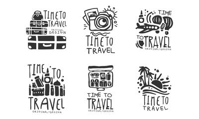 Fototapeta na wymiar Time to Travel Original Design with Packed Suitcase Vector Set