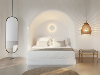 3d rendering of a minimal white mediterranean cave bedroom with a comfortable bed with a bench and a rattan lamp