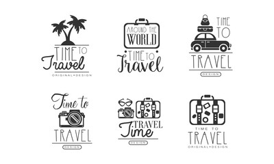 Time to Travel Original Design with Packed Suitcase Vector Set