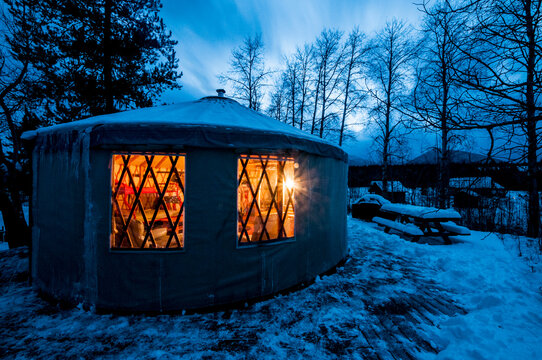 Yurt welcomes occupants on a winters eve. Montana