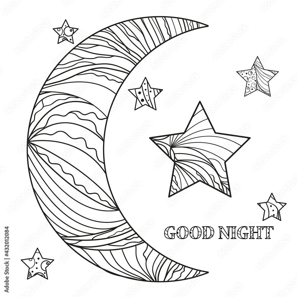 Sticker zentangle moon and star with abstract patterns on isolation background. design for spiritual relaxat