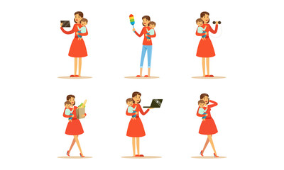 Energetic Female Housewife Holding Baby in Arms Doing Sport, Speaking by Phone and Shopping Vector Set