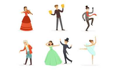 Fototapeta na wymiar People Characters Acting in Play and Dancing on Stage of Classic Theater Vector Illustration Set