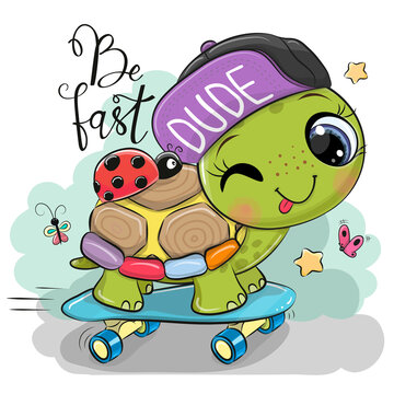 Turtle with a purple cap and a skateboard