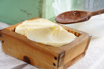 Fresh butter. Home products. Fresh produce from the village, hand-made. Tasty food. Handmade cream butter.