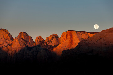 Moon set in autumn in Zion National Park, Utah, USA
