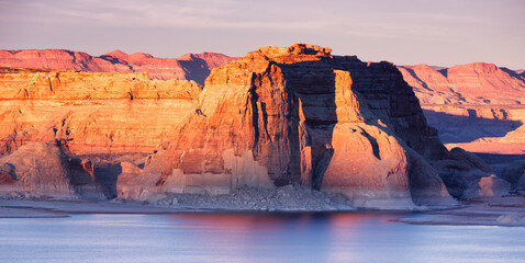 Lake Powell at sunset near the Glen Canyon Dam.
