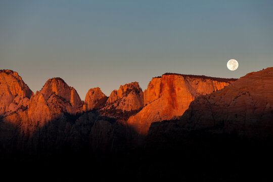 Moon set in autumn in Zion National Park, Utah, USA