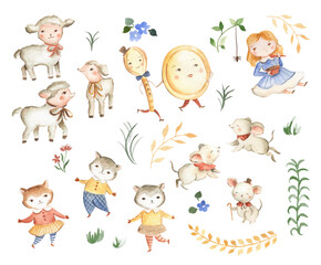 Nursery Rhymes icons watercolor illustration Dish and Spoon and Mother Goose 
