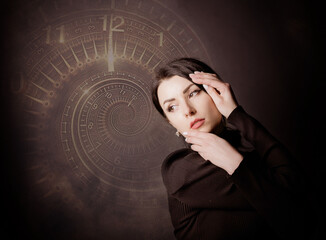 sexy brunette in black on a background from a digital maze gracefully touches her face with her...