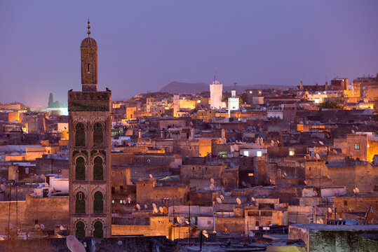 Looking out over the old city of Fes el-Bali at night in Fes, Morocco.