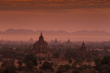 Sunrise over Bagan temples in Myanmar.