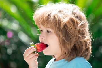 Happy child eats strawberries on green spring background.