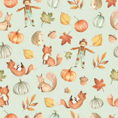 Autumn Fall woodland baby animals seamless  pattern tile with leaves, pumpkin and harvest illustration