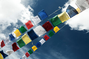 Tibetan prayer flags hanging on the mountains surrounding Leh in Ladakh, Jammu & Kashmir, India