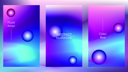 Abstract holographic poster, gradient mesh and pearlescent spheres. Iridescent design set template for award, brochure, certificate, banner, wallpaper, presentation, web, ui. Trendy vector background.
