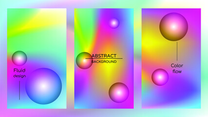 Abstract holographic poster, gradient mesh and pearlescent spheres. Iridescent design set template for award, brochure, certificate, banner, wallpaper, presentation, web, ui. Trendy vector background.