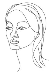 Woman head silhouette in modern one line style. The lady laughs. Continuous line drawing, aesthetic outline for home decor, posters, wall art, stickers, logo. Vector illustrations.