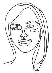 Woman head silhouette in modern one line style. The lady laughs. Continuous line drawing, aesthetic outline for home decor, posters, wall art, stickers, logo. Vector illustrations.