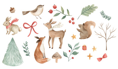 Watercolor Christmas woodland animals for winter holidays with deer, fox, bird, squirrel and foliage  - obrazy, fototapety, plakaty