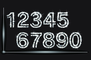 Realistic shining silver glitter numbers 1, 2, 3, 4, 5, 6, 7, 8, 9, 0. Set of isolated vector objects one, two, three, four, five, six, seven, eight, nine, zero for decoration, celebration design.