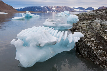 Grooves on the underside of an iceberg calved by Hansbreen, formed by sliding of the glacier on its bed, in Hornsund, Svalbard.