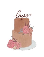 Watercolour wedding cake isolated on white background. Birthday party. Decoration for party. Flower two level cake