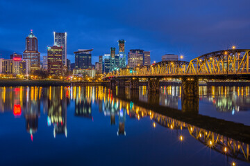 Portland's west skyline and the Hawthorne Bridge at dawn's blue hour
